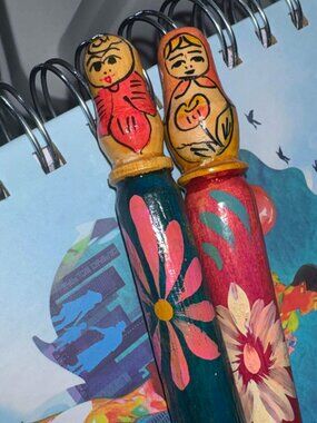 VTG Ballpoint Pens Hand Painted Wooden Matryoshka Doll 80s USSR